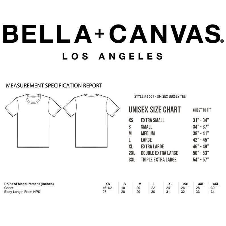 May include: A size chart for unisex jersey tees from Bella + Canvas, a clothing brand based in Los Angeles. The chart shows chest measurements in inches for sizes XS to 4XL.