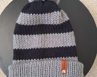 Handknit Acrylic Pom Pom Beanie: Double Layer Winter Hat