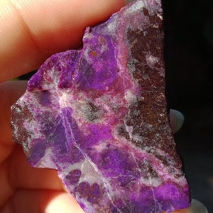 May include: A large, irregularly shaped piece of purple and white striped sugilite with a dark brown, almost black, border. The sugilite has a mottled appearance with white veins and swirls.
