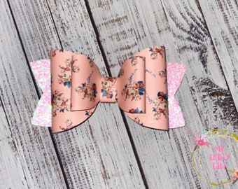 Pink Glitter & Floral Bow | Double Layer Bow | Spring Bow | Faux Leather Bow | Hair Accessories