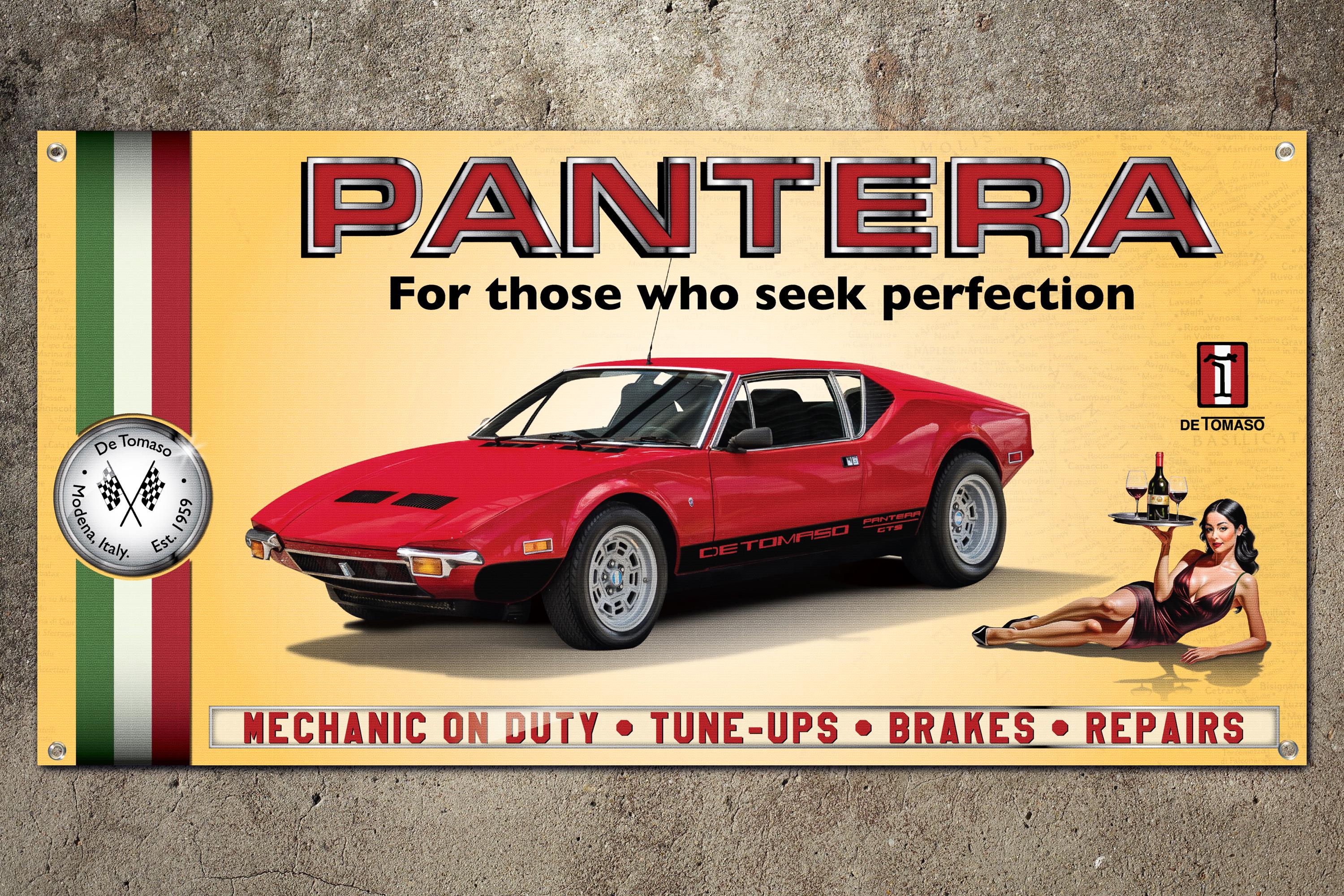 De Tomaso Pantera GTS Garage Banner 2ft x 4ft Italia