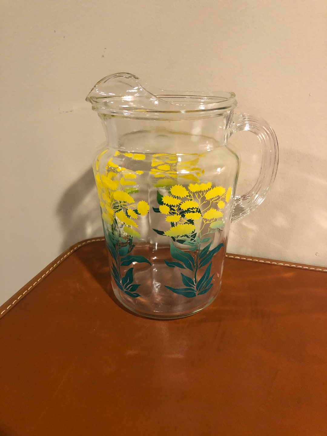 Vintage Glass Juice Pitcher Green Plants Etsy