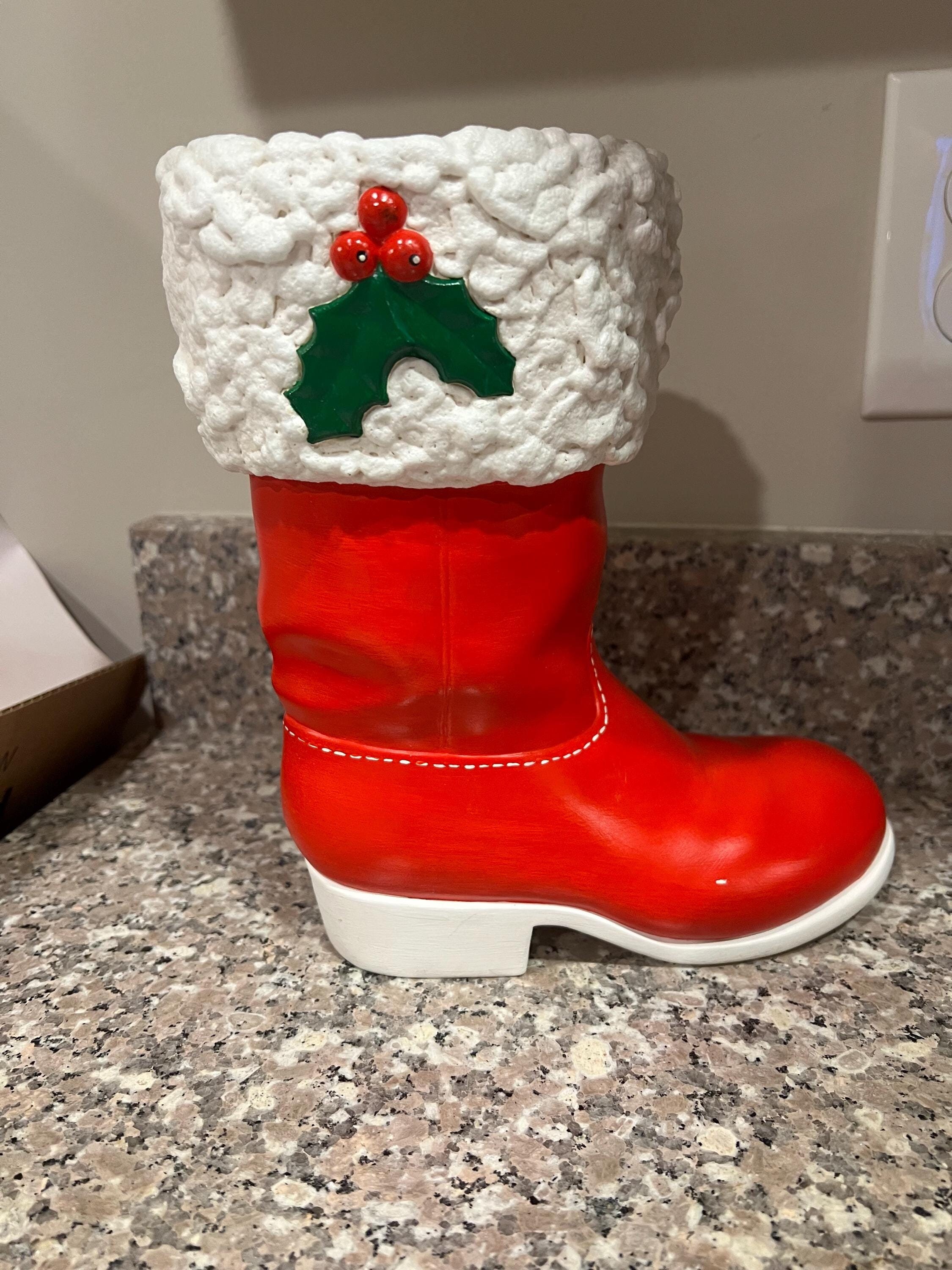 Vieille Déco De Noël : Bottes Du Père Noël En Plastique Rouge, Petit Modèle Rétro