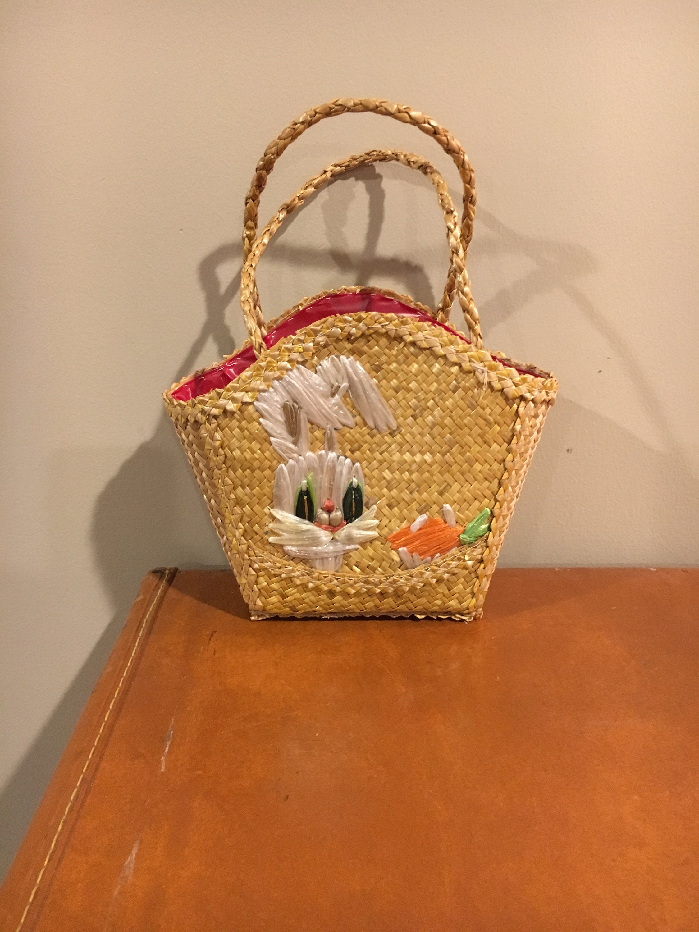 2 Vtg Easter Woven Straw Baskets Bags Plastic Lined Bunny Duck READ  DESCRIPTION