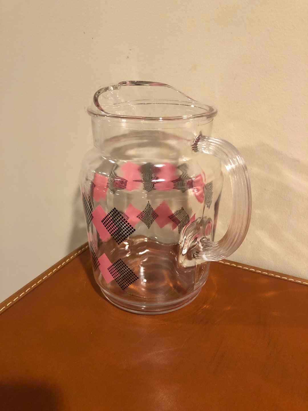 Vintage Glass Juice Pitcher Pink and Black Etsy