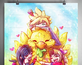May include: A digital illustration of four cartoon characters, three girls and one boy, hugging a large yellow bird-like creature. The characters are smiling and the bird has a green tongue sticking out. The background is a blue and white sky with clouds and hearts.