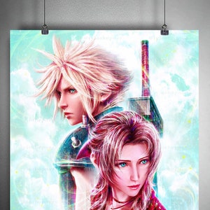 May include: A digital illustration of two anime characters, a man with blond hair and a woman with pink hair, standing side by side. The man is wearing a black jacket and the woman is wearing a red jacket. The background is a light blue with white clouds.