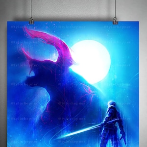 Op de afbeelding: Een digitale kunstprint van een blauwe en roze fantasie scène met een persoon die een zwaard vasthoudt en tegenover een groot, gloeiend wezen staat. De achtergrond is een blauwe en witte lucht met een grote, witte maan.
