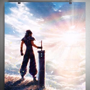 May include: A digital art print featuring a character from Final Fantasy. The artwork depicts a figure standing on a cliff, holding a large sword, with a vibrant sky and rainbow in the background. The print is suspended by two clips.