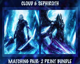 FFVII Advent Children Art Print Set - Cloud Strife & Sephiroth Matching Prints - Final Fantasy Poster Bundle - 2 Print Set