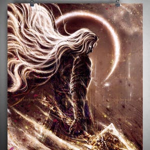 Könnte beinhalten: Digitaler Kunstdruck mit einer Figur mit langem, fließendem, weißem Haar, vor einem leuchtenden kreisförmigen Hintergrund. Das Kunstwerk ist überwiegend in Braun- und Goldtönen gehalten, mit einem himmlischen oder Fantasy-Thema.