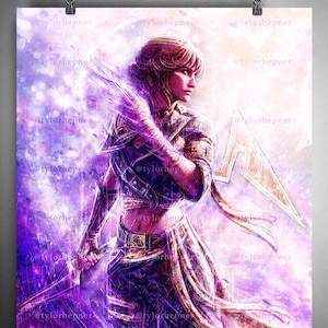 May include: A digital art print featuring a warrior figure in shades of purple and gold. The artwork depicts a woman holding a sword and shield, with a dynamic pose and flowing fabric. The background has a textured, ethereal quality.