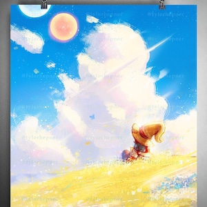 Puede incluir: Una impresión de arte digital que representa una escena caprichosa con un cielo azul, nubes blancas esponjosas y un campo amarillo brillante. Una figura con sombrero y armadura está en el campo. La obra de arte tiene un ambiente de ensueño y fantasía.
