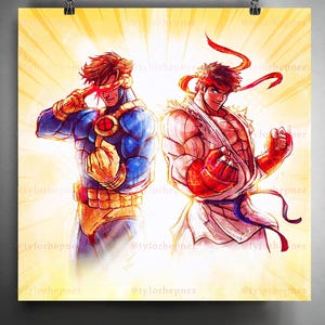 May include: A poster featuring two comic book characters. One is in a blue and yellow costume with a red visor, the other in a white gi with red gloves and headband. The background is yellow with radial lines.