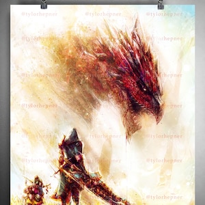 Puede incluir: Una pintura digital de un guerrero de pie en un campo con un gran dragón rojo en el fondo. El guerrero lleva un atuendo azul oscuro y negro y sostiene una espada. El dragón está parcialmente oscurecido por una luz brillante.