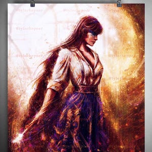 May include: Art print featuring a woman in a white blouse and a long, flowing purple skirt. The artwork has a painterly style with warm, fiery tones and a golden background. The artist's name, @tylorhepner, is repeated throughout the image.