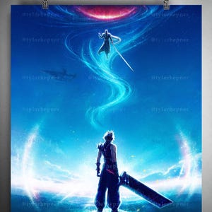 May include: A digital art print featuring two figures in a dynamic pose against a blue and purple cosmic background. One figure stands with a large sword, while another floats above. The artwork has a fantasy theme.