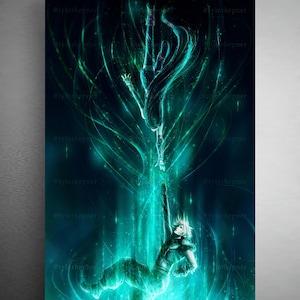 Peut inclure: Une impression d'art numérique verticale représentant deux silhouettes tendant la main l'une vers l'autre au milieu de tourbillons de lumière bleu sarcelle et cyan. Les deux personnages sont entourés de lignes d'énergie et de particules.