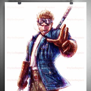 May include: A digital illustration of a man with blond hair wearing goggles and a blue jacket. He is holding a staff with a blue gem at the top. The background is a white and blue digital pattern.