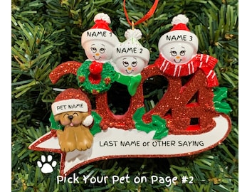 2024 Family of 3 with Pet Personalized Christmas Ornament-Family of 3-grandparents-grandkids-Family ornaments