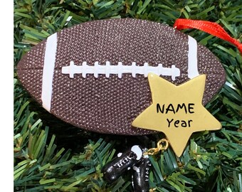 FOOTBALL STAR Personalized Christmas Ornament with hanging football cleats.