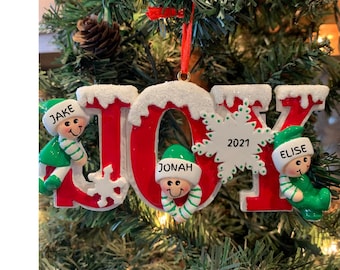 CHRISTMAS JOY-Personalized Glittered Snow Covered JOY with 3 people or children
