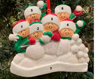 SNOWBALL FIGHT FAMILY 6 - Personalized Christmas Ornament-family of 6-snowball fight