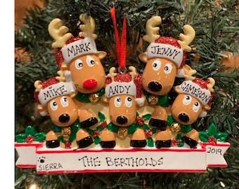 Personalized Christmas Deer Family Ornament - Family of 5