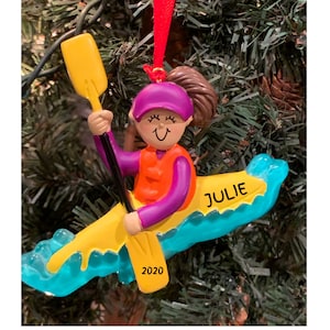 KAYAK girl - Personalized Brunette Girl Kayak Christmas Ornament