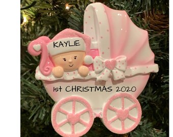 BABY'S 1st CHRISTMAS - Personalized Baby Ornament-Baby Girl-1st Christmas-baby carriage