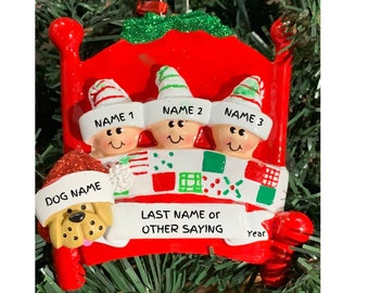 Family of 3 Bed Ornament with Dog