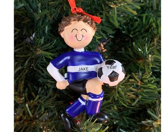 SOCCER BOY ORNAMENT- Blue Personalized Little Boy Soccer Player Ornament