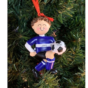 SOCCER BOY ORNAMENT- Blue Personalized Little Boy Soccer Player Ornament