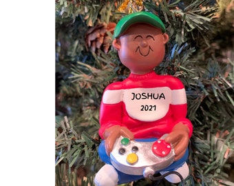 Personalized Gamer Ornament: African American Boy Video Game Player