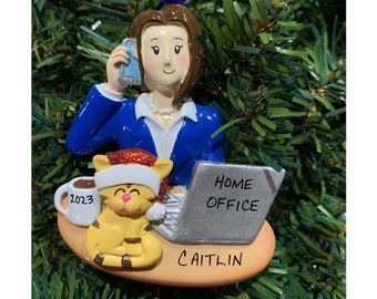 Home Office Female with Pet Cat or Dog-Working from home-personalized ornaments