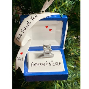 ENGAGEMENT RING BOX Ornament - Personalized engagement Christmas Ornament-*She Said Yes" is already added to the ornament.