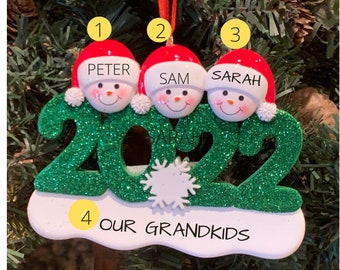 2022 Snow Family of 3 Personalized Christmas Ornament-Snow Family 2022 Personalized Ornament-Family of 3-Grandkids