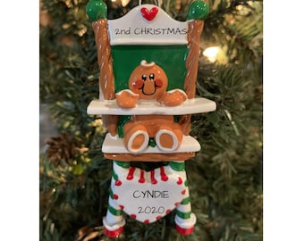 BABY'S 1st CHRISTMAS ORNAMENT or 2nd- Gingerbread Highchair Baby Christmas Tree Ornament-2nd Christmas-1st Christmas