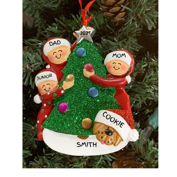 CHRISTMAS GLITTER TREE Family 3-Personalized Family of 3 with a Dog-Pick A Pet to add to your ornament