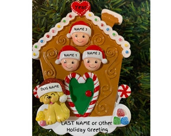 Personalized Gingerbread House Christmas Ornament: Family of 3 with Dog