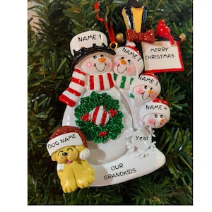 Lamppost Snow Family 4 with DOG-Personalized Christmas Ornament Family of 4 with Dog