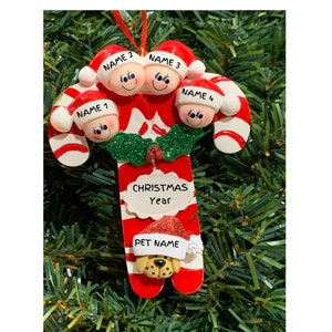 CANDY CANE FAMILY 4 - Personalized Family Christmas Ornament with dog-Grandkids-Grandparents