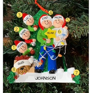 Personalized Family of 5 with Dog-Decorating the Tree-Personalized Ornament Family of 5-grandkids--Add A Pet