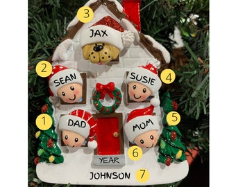 Personalized CHRISTMAS HOUSE 4-Family of 4 and a pick your pet on Page 2-Dog ornament-Personalized Christmas Ornament Family of 4