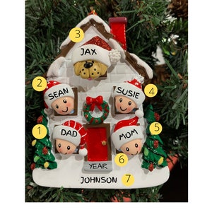 Personalized CHRISTMAS HOUSE 4-Family of 4 and a pick your pet on Page 2-Dog ornament-Personalized Christmas Ornament Family of 4
