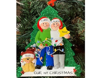 Personalized Decorating The Tree Couple with one Pet Dog or Cat-Personalized Ornament Couple with one Pet-Add A Pet