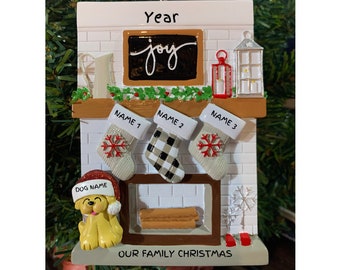 Personalized Family Fireplace Christmas Ornament with Dog