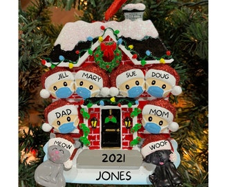 PANDEMIC CHRISTMAS HOUSE 6-With 2 pets-Quarantine house 6- Family of 6-Face mask Ornament-Pandemic ornament
