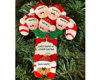 Candy Cane Family Ornament: 5 People, Dog