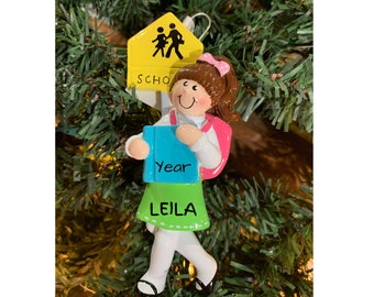 Personalized SCHOOL GIRL Ornament--Brunette School Ornament-1st Day of School-Back to school